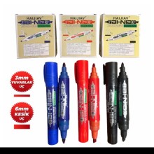 Haijiav Çift Uçlu Koli Kalemi Siyah 3mm Yuvarlak Uç / 6mm Kesik Uç 12'li